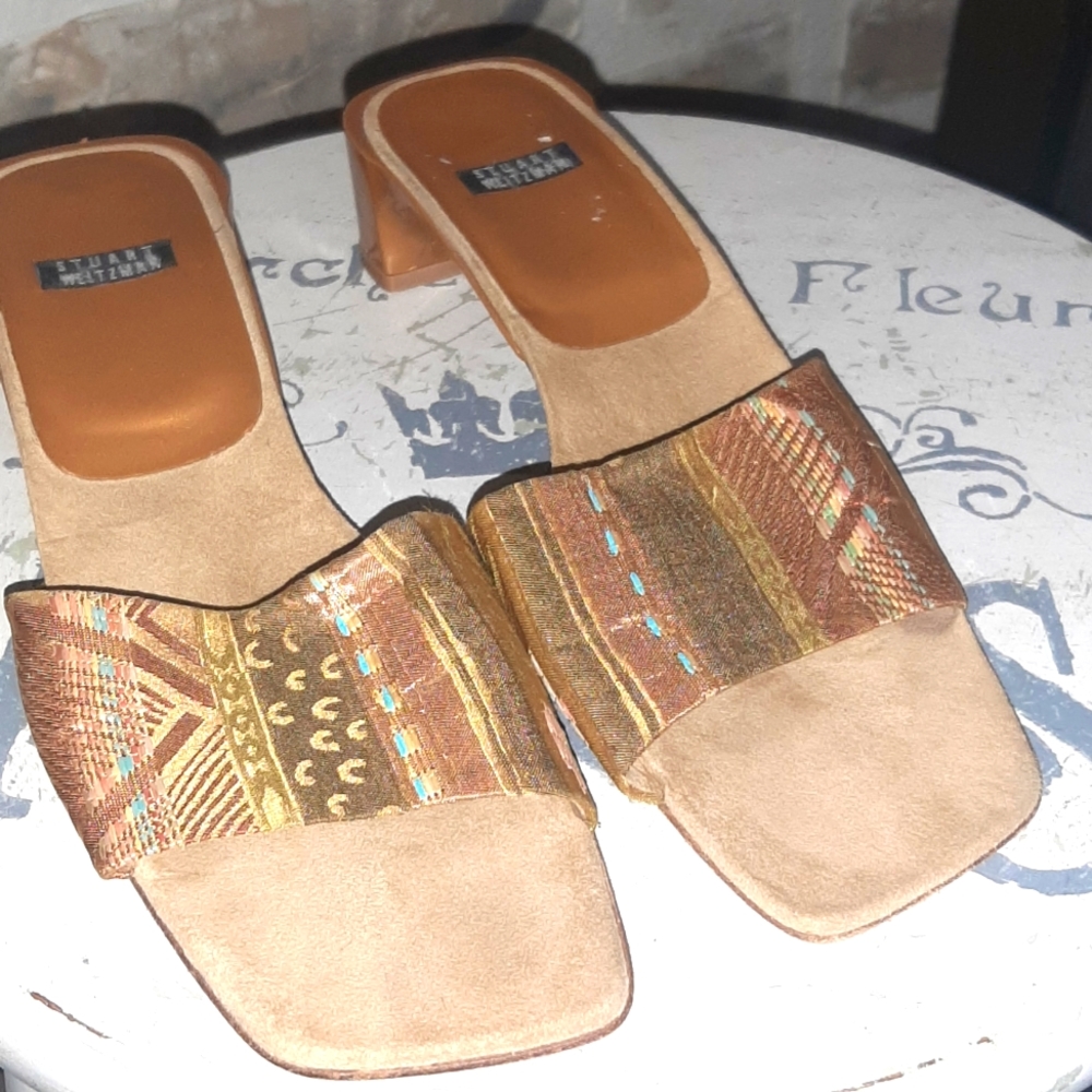 Stuart Weitzman Slides Neutral Block Heels With P… - image 1